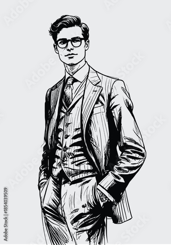 052-01-Stylish man standing, wearing a suit and glasses in a classic illustration style