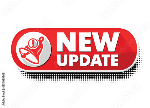 Modern label New Update on red ribbon with bell. Banner with notification bell, announcement for new update, push button. Vector on transparent background