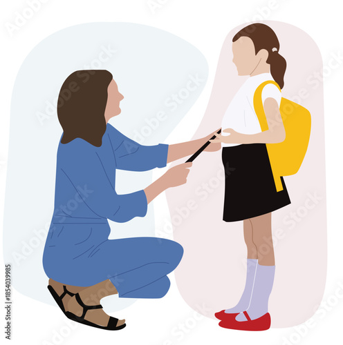 mother takes child to school. mom and daughter illustration