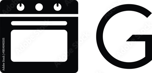 Modern kitchen oven appliance icon with letter G logo for home cooking appliance brands culinary services restaurant technology and domestic kitchen equipment.