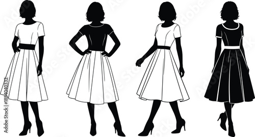 Women dress silhouette, fashion sketch, front view, side view, back view, flared skirt, fitted bodice, garment flat, vector illustration
