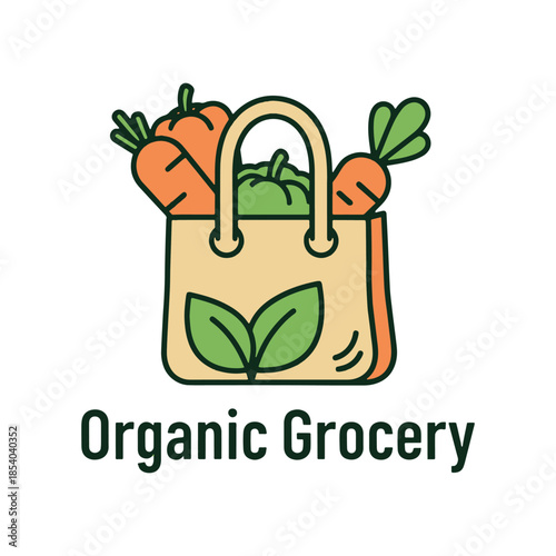 A paper bag with carrots and leafy greens labeled Organic Grocery