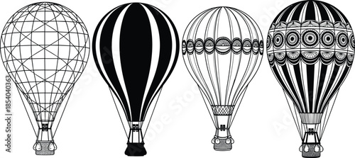 Hot air balloon, black and white, vector sketch, decorative pattern, striped balloon, ornate design, floating object, flat illustration, silhouette
