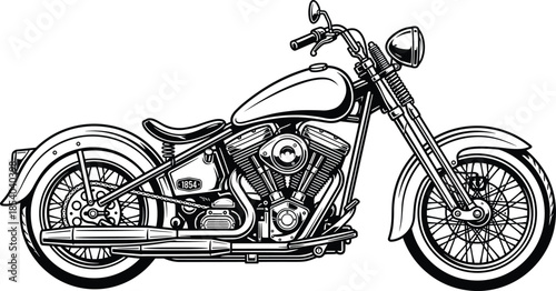 Classic cruiser motorcycle side view, vintage bike design, teardrop tank, V-twin engine, retro style, flat vector