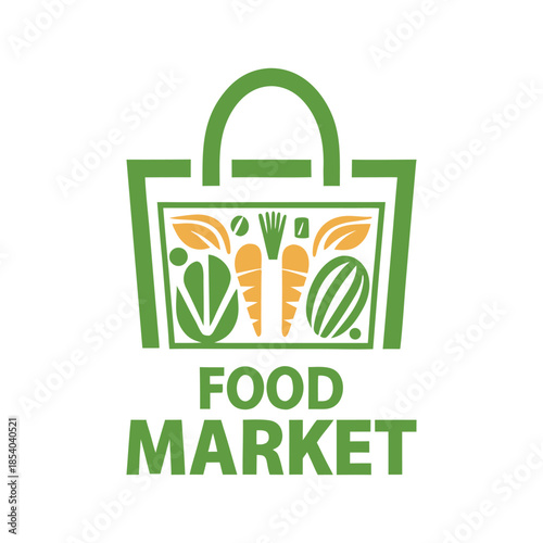 Green shopping bag with fresh produce and food market text orange vegetables