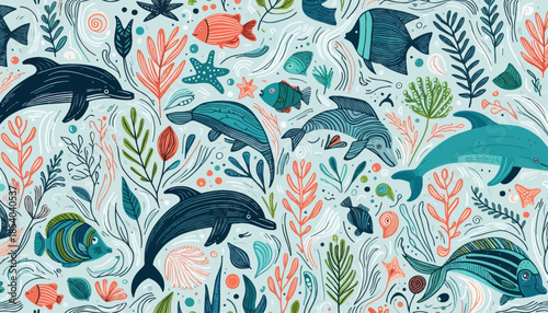 ocean fauna sea life seamless background with dolphins fishes and coral reefs