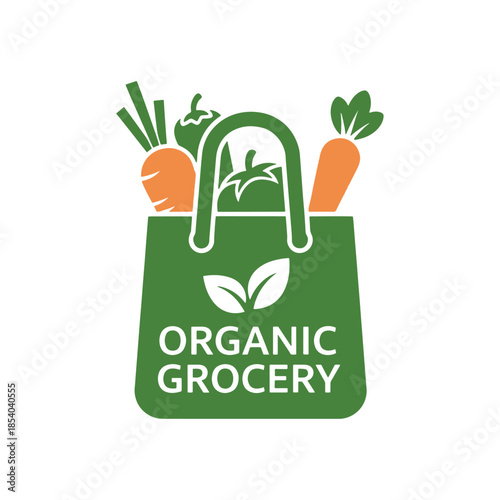 Green shopping bag with organic vegetables and grocery text
