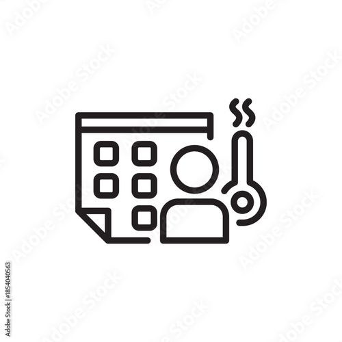 Minimalist line art icon of a calendar, a person, and a thermometer. Ideal for representing sick leave, medical appointments, health scheduling, and workplace wellness tracking concepts.
