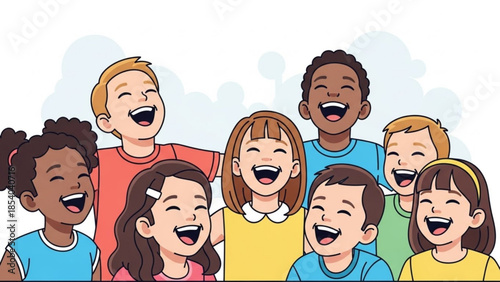 Group of happy cartoon children laughing together with diverse ethnicity and colorful clothing on white background