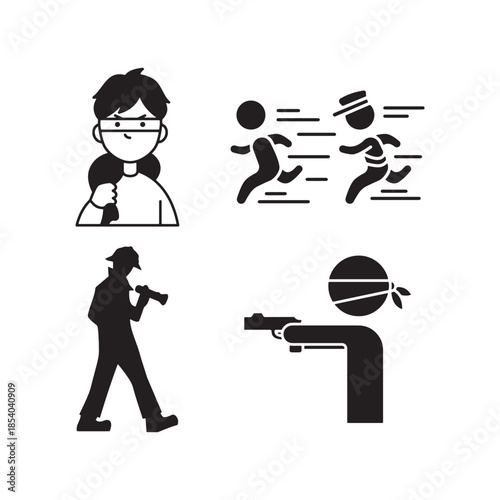 A set of black and white icons illustrating different types of crime and criminal activity