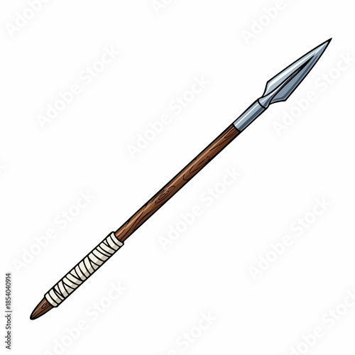 Classic spear weapon with sharp metal point and rustic wooden handle. Ancient spear weapon featuring a detailed wrapped grip and robust shaft, perfect for hunting.