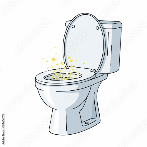 Sparkling clean toilet, white ceramic bowl, lid open, seat up, highlighting hygiene. Pristine commode represents sanitation, freshness, tidiness for bathroom.