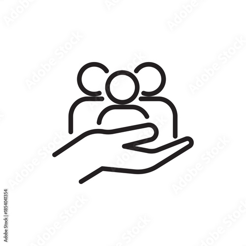 Minimalist line art icon of a hand supporting a group of three people. Perfect for representing human resources, team management, employee welfare, recruitment, and community support concepts.