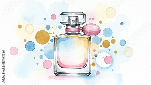 elegant perfume bottle illustration with watercolor pastel circles for beauty blogs, cosmetic websites, fragrance advertising and fashion design, with copy space