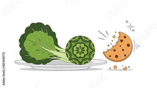 Plate of Healthy Vegetables and a Bitten Chocolate Chip Cookie