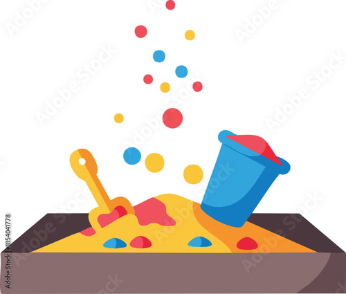 Sandbox scene with pail and shovel, colorful illustration on white.
