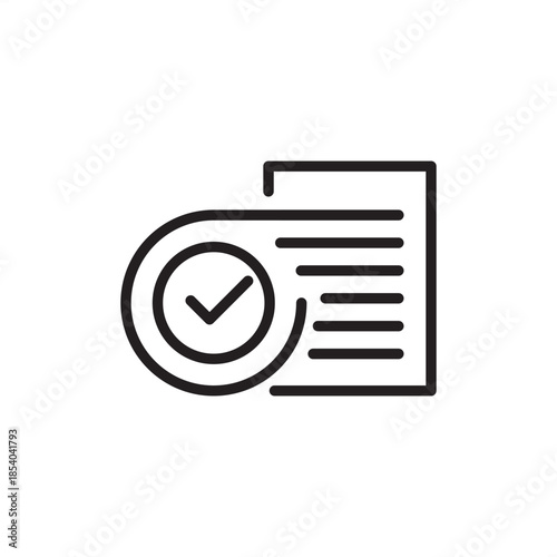 Minimalist line art icon of a document with a large circular checkmark. Ideal for representing approved applications, verified contracts, successful compliance, and completed official paperwork.