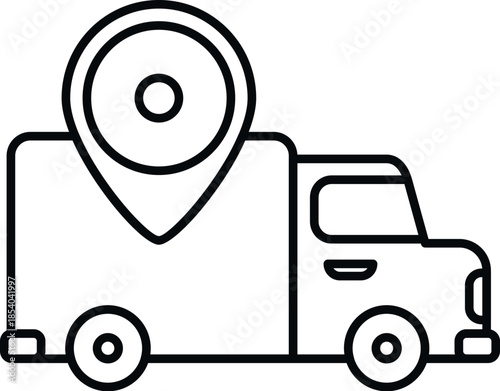 Delivery truck carrying a location pin, representing shipping logistics and gps tracking