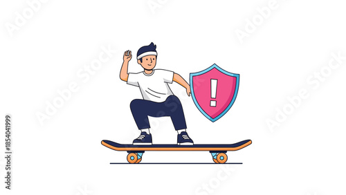 Man Riding Skateboard with Shield Icon for Insurance and Protection