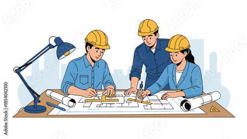 Engineers and Architects Working on Blueprints in the Office
