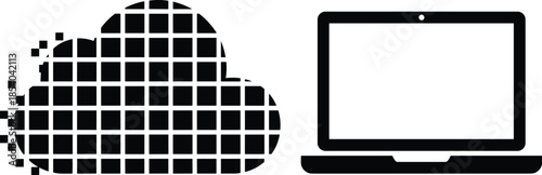 Modern cloud computing and data storage vector icon featuring a digital grid cloud and laptop for technology network and online database concepts.