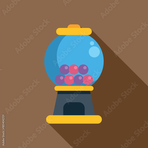 Gumball machine filled with colorful chewing gum, featuring a retro flat design