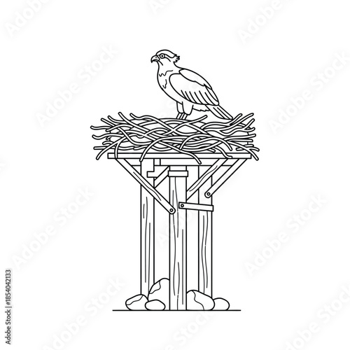 Elegant line art illustration of a bird of prey perched atop its constructed nest