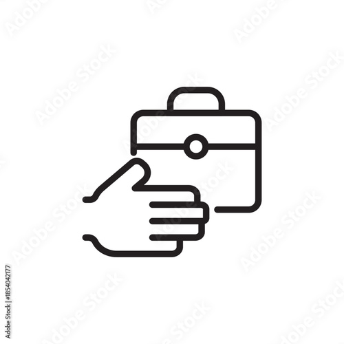 Minimalist line art icon of a hand presenting or holding a briefcase. Ideal for professional service delivery, job offers, business career opportunities, and corporate legal consulting concepts.