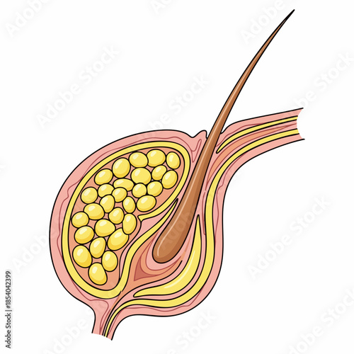 Detailed hair follicle illustration showing human skin anatomy. Hair follicle includes sebaceous gland producing sebum, vital for healthy skin. Conceptual hair follicle diagram for biology education,