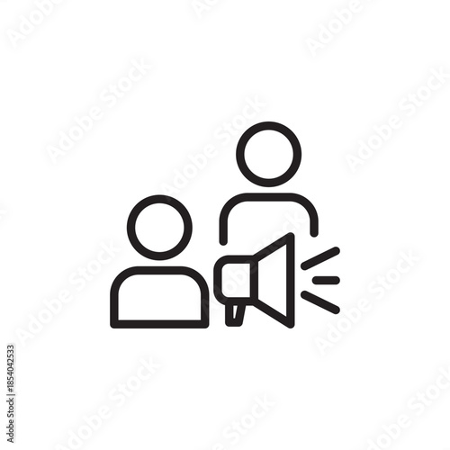 Minimalist line art icon of two people with a megaphone. Perfect for representing public relations, marketing announcements, referral programs, team leadership, and corporate communication concepts.