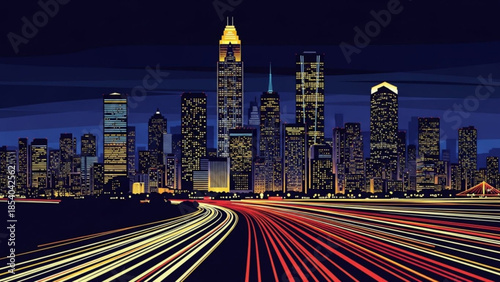 Cityscape at night with skyscrapers and road traffic light trails, urban landscape with modern