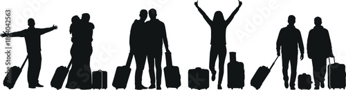 Silhouettes of diverse travelers with luggage and suitcases celebrating arrival and departure in airport terminal for travel and vacation concepts