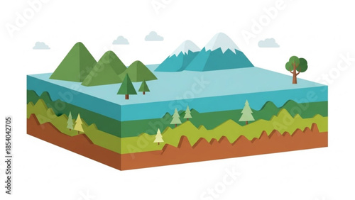 Layers of earth with trees and mountains on top, cross section of terrain with water, soil,