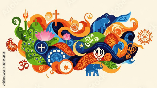 Vibrant illustration of diverse religious symbols and motifs from around the world,