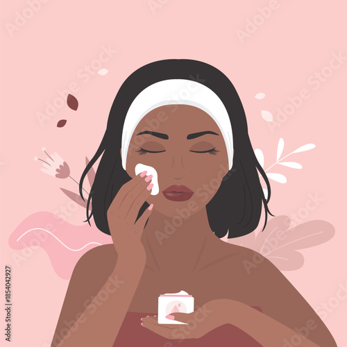 Woman touching face nourish dry skin with moisturizer cream. Lady applying cleansing, moisturizing cream on face skin. Girl with facial skincare essential,