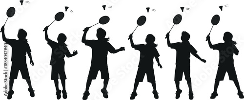 Silhouette of young girl playing badminton set of six action poses jumping hitting shuttlecock with racket isolated on white background