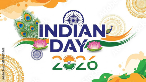Indian day 2020 celebration with peacock, lotus and wheel of india, national symbols
