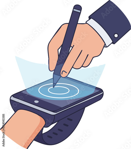 Stylus interacts with smart watch screen, digital design concept.