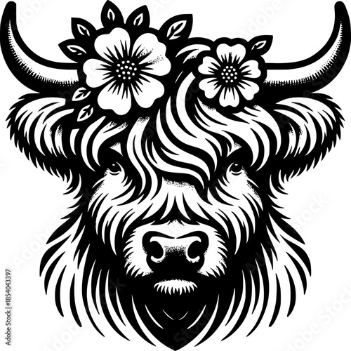 Highland Cow Portrait: A stylized illustration of a highland cow, adorned with a floral crown, in a striking black and white design.
