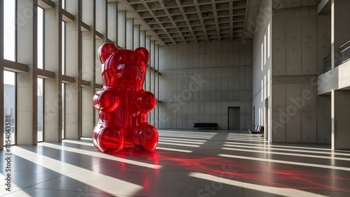 Giant translucent gummy bear statue in a modern concrete office lobby. Surreal 3D render of playful candy art in a brutalist business interior with colorful sunlight shadows.