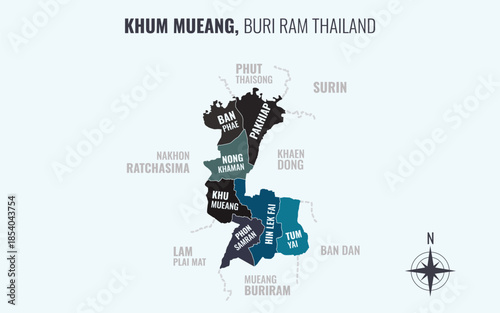 Map showing Khum Mueang District Buri Ram Thailand divided into sub districts with minimalist colorful patterns