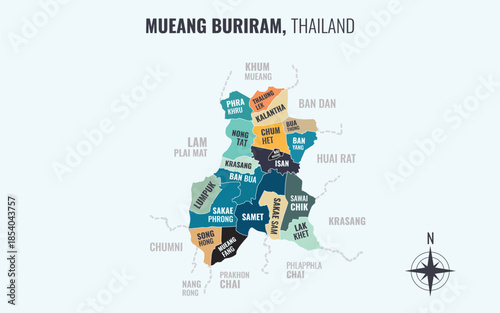 Map showing Mueang Buriram District Buri Ram Thailand divided into sub districts with minimalist colorful patterns