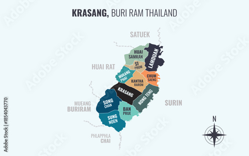 Map showing Krasang District Buri Ram Thailand divided into sub districts with minimalist colorful patterns