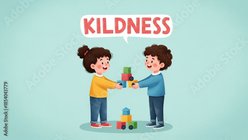 Cartoon children sharing toys with kindness gesture, illustration of friendship and cooperation, smiling boy and girl passing blocks