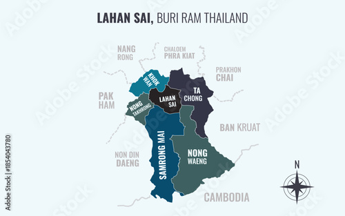 Map showing Lahan Sai District Buri Ram Thailand divided into sub districts with minimalist colorful patterns