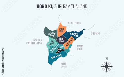 Map showing Nong Ki District Buri Ram Thailand divided into sub districts with minimalist colorful patterns
