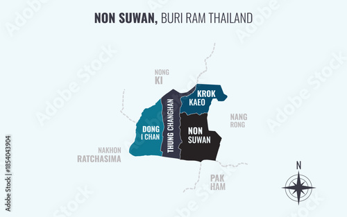 Map showing Non Suwan District Buri Ram Thailand divided into sub districts with minimalist colorful patterns
