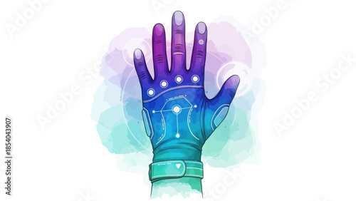 Illustration of a human hand with glowing star constellations on a colorful watercolor background.