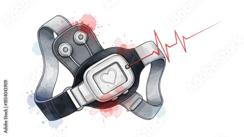 Illustration of a medical defibrillator device with heart rate waveform and red splashes.