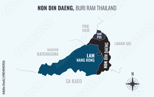 Map showing Non Din Daeng District Buri Ram Thailand divided into sub districts with minimalist colorful patterns